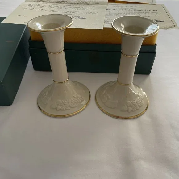 Lenox - Fruits of Life Candlesticks Fine China 24k Trim in Box With COA - Picture 1 of 9
